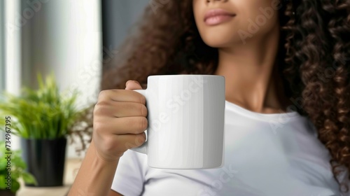  beautiful girl next to the window holding white coffee mug 11 oz white porcelain mug mock up