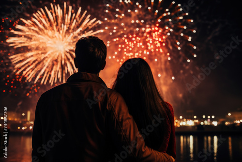 Couple looking firework abstract background. Generative ai.