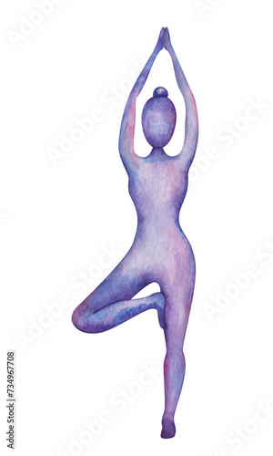 Watercolor illustration. Hand painted yoga girl balancing in Tree Pose with arms up in namaste. Vrkshasana. Naked woman silhouette in purple, blue colors. Fitness exercises. Isolated clip art