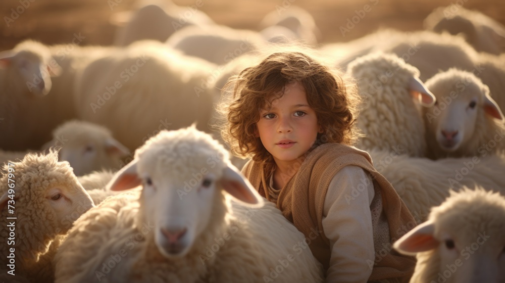 Capturing serenity: a tender portrayal of the little child Jesus Christ herding sheep, an endearing and symbolic scene embodying innocence, faith, and the pastoral charm of the biblical narrative Capturing serenity: a tender portrayal of the little child Jesus Christ herding sheep, an endearing and symbolic scene embodying innocence, faith, and the pastoral charm of the biblical narrative
