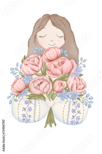 Cute girl with a bouquet of flowers, spring print, watercolor drawing