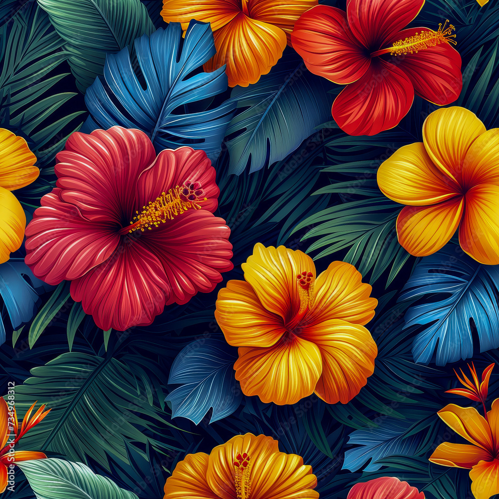 Tropical rainforest leaves and flowers as background, ai generated