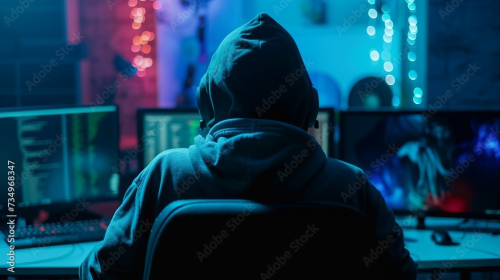 A man wearing a hoodie and face mask using a computer in his office at night looking like a hacker trying to get in