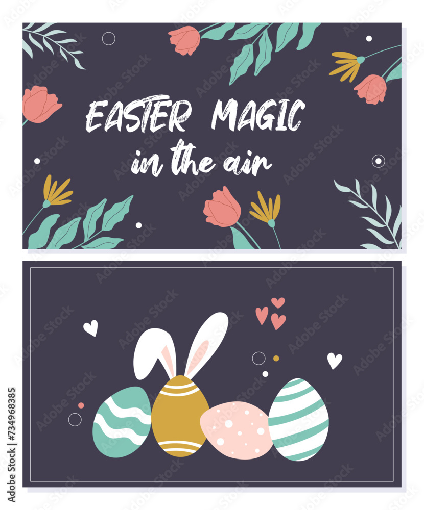 Fototapeta premium Handdrawn banners for Easter with spring flowers, eggs and bunny ears. 