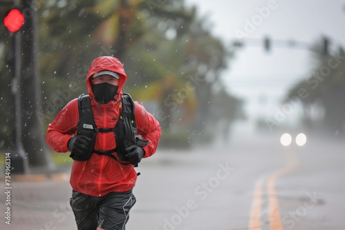 jogger in heavy rain gear braving the hurricane conditions