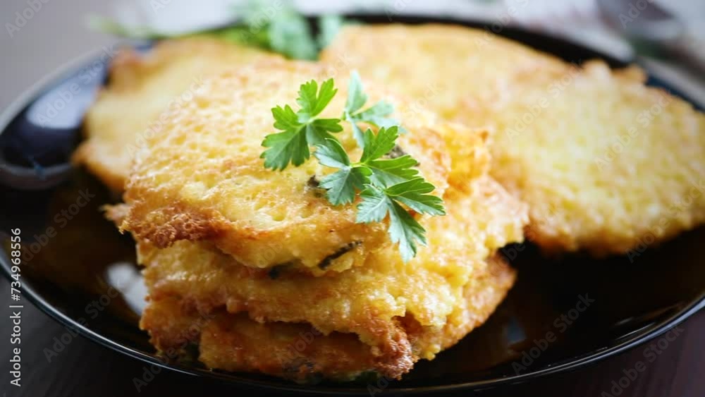 fried vegetarian potato pancakes, in a plate on a fabric tablecloth fried vegetarian potato pancakes, in a plate on a fabric tablecloth