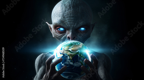 Extraterrestrial alien holds the planet Earth. © Anas