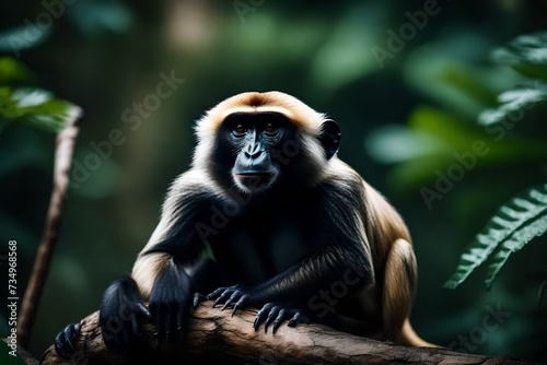 a long macaque sitting on a branch