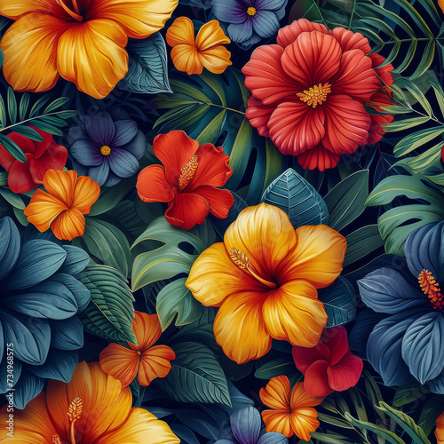 Tropical rainforest leaves and flowers as background  ai generated