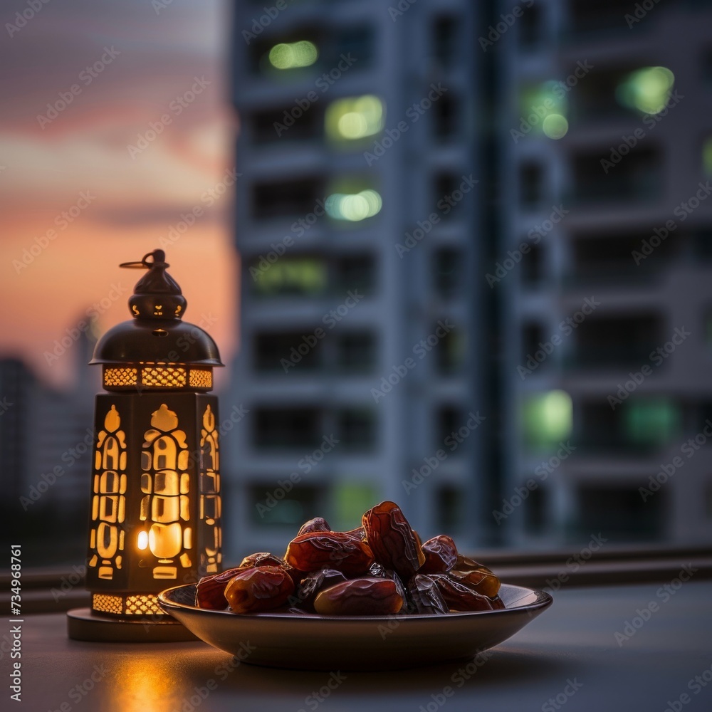 Lantern and small plate of dates fruit with apartment building background for the Muslim feast of the holy month of Ramadan Kareem