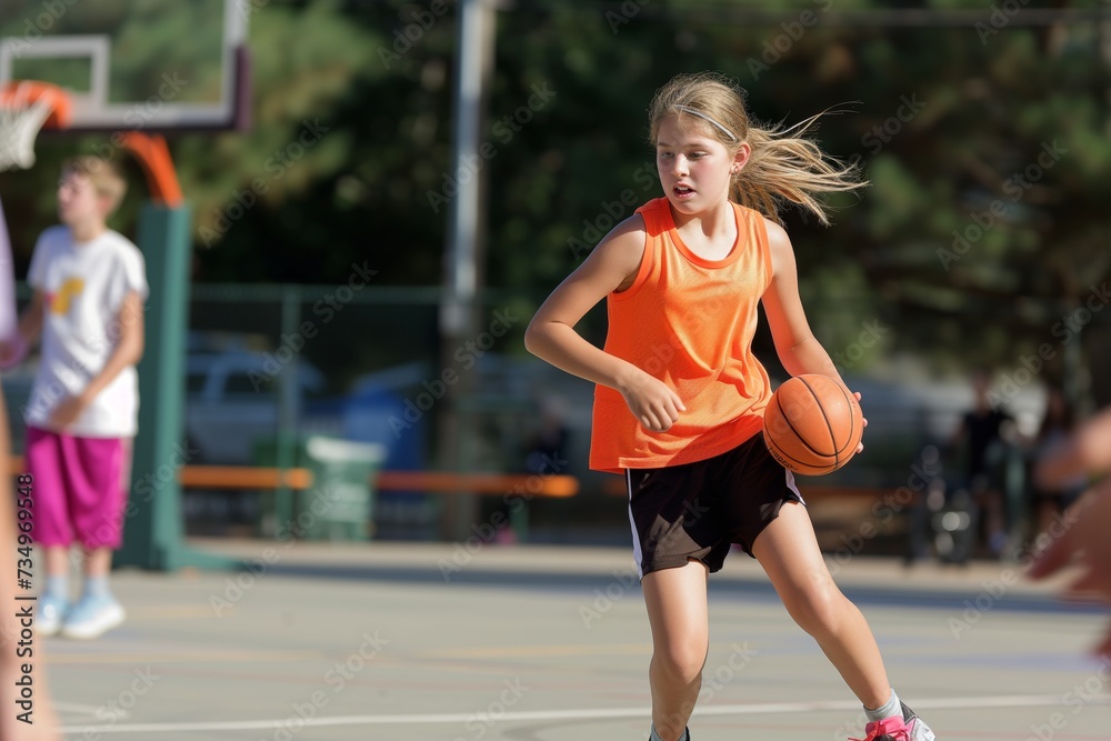 girl dribbling ball on outdoor court