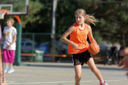girl dribbling ball on outdoor court © primopiano