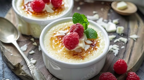 Close up picture of  white chocolate creme brulee  with decoration raspberry and white chocolate on it