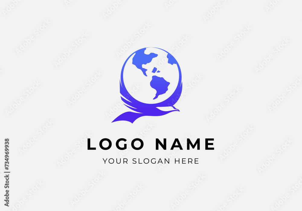 logo eagle fly bring earth globe on wings. Logo eagle and earth globe concept. Modern minimalist logo design. Editable color logo eagle fly bring earth globe on wings. Logo eagle and earth globe concept. Modern minimalist logo design. Editable color