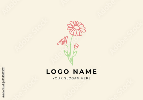 logo Flower Daisy Blossom. Cute. Pink, minimalist, modern logo design. Editable color