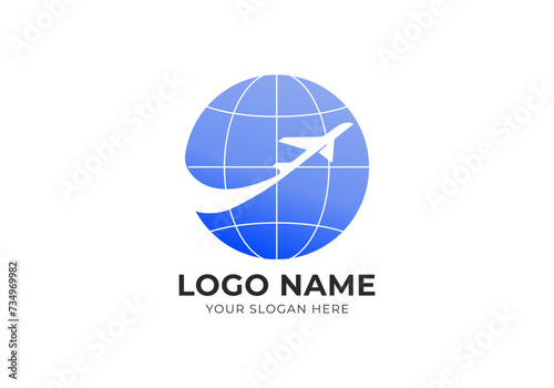 logo plane fly and globe. Earh and airplane logo design. Modern and minimalist logo design. Editable color
