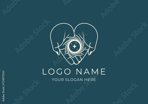 Logo Line Open Hand Looking Up or Asking or Pray With Spiral concept, Moon, Stars, Spiral Logo Concept. Boho, Line, handrawn logo design, editable color