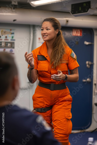 A female Coast Guard officer with a prosthetic limb, leading a safety briefing, representing inclusivity and resilience in service.