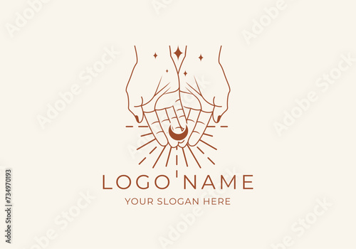Logo Line Open Hand Looking Up or Asking or Pray With Spiritual concept, Moon, Stars, Spiritual Logo Concept. Boho, Line, handrawn logo design, editable color