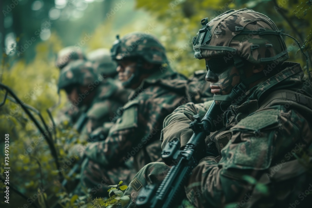 A group of diverse Army soldiers in camouflage, working together on a tactical exercise, showcasing teamwork and dedication.