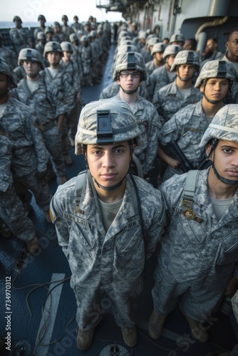 A group of physically diverse Navy personnel on a carrier deck, reflecting the variety of body types serving in the military.