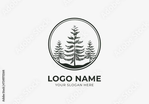 Logo Pine Forest, Pine Tree in circle Border. Nature, Botanical Logo design. Editable color