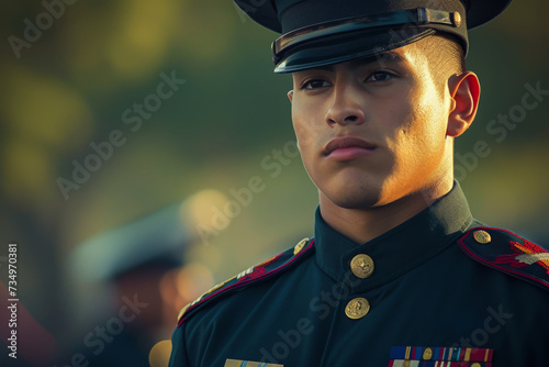 A Latino Marine, in full dress uniform, participating in a ceremonial event, highlighting the honor and tradition in the service. © Adrian