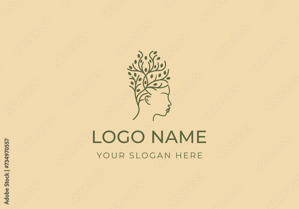 Logo Women Hair with Botanical Tree Concept. Yoga, Nature, Female Logo Design. Editable color Logo Women Hair with Botanical Tree Concept. Yoga, Nature, Female Logo Design. Editable color