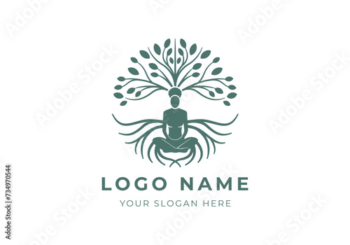 Logo Women Meditation with Botanical Concept. Yoga, Nature, Female Logo Design. Editable color