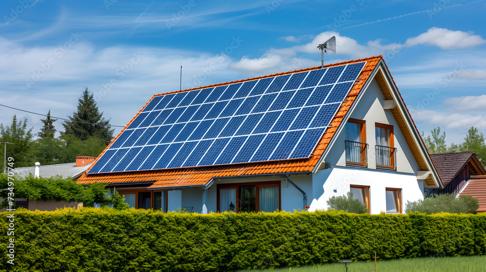 Obraz premium Hermosa casa con paneles solares en el techo, Sostenibilidad Renovable innovador
