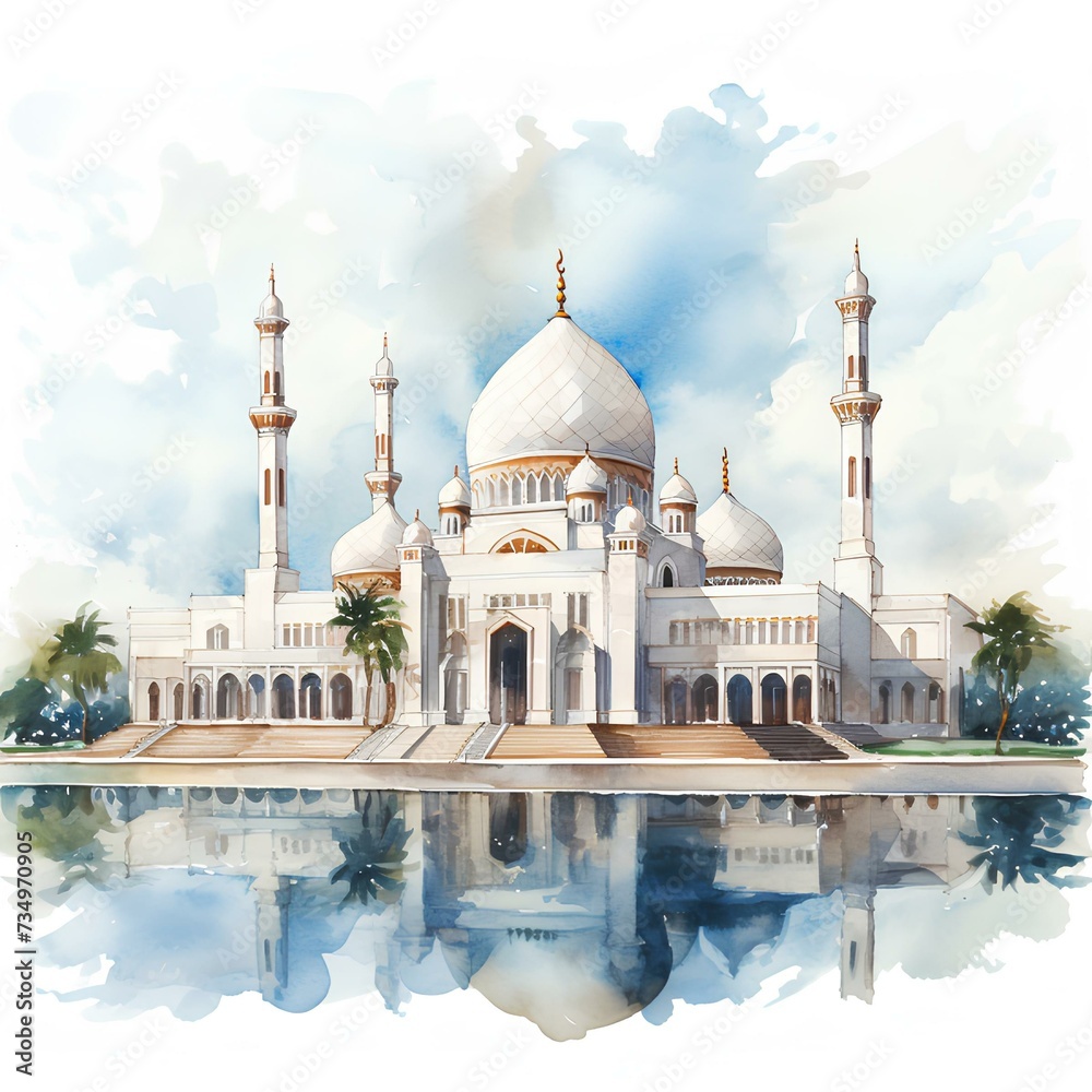 Mosque on white, watercolor illustration generated with AI. Architecture. 