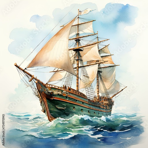 Drakkar, old sailing ship in sea, watercolor illustration. Logo design or book illustration. Generated with AI