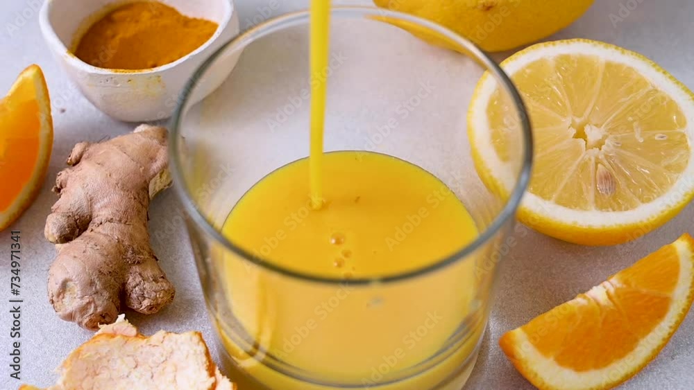 Immune boosting drink. Ginger, orange, turmeric shot, healthy juice drink