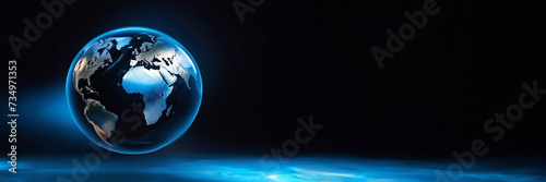 nightly Earth planet in outer space. City lights on planet. Earth day concept. Life of people. Solar system. Panoramic view of the Earth. Sunrise over planet Earth  view from space. Banner copy space