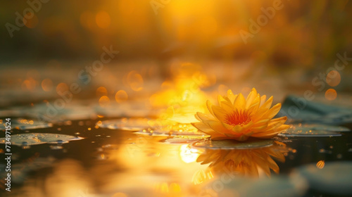 A shallow pond mirroring the vibrant oranges and yellows of the sunset with a lone flower floating peacefully on the surface. photo
