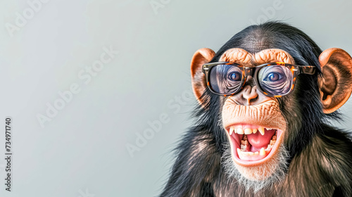 a chimpanzee wearing glasses is making a funny face, copy space