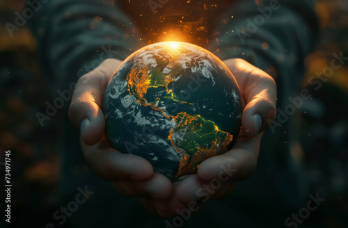 Manos sosteniendo una bola del mundo presentando Am  rica del norte y del sur con un sol poni  ndose en su parte superior central