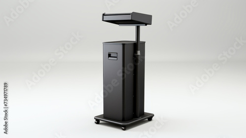 This black portable lectern with a tiltable top and wheels against a neutral setting epitomizes contemporary mobility, merging practical design with modern aesthetics for presentations. photo