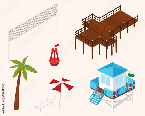 Isometric beach icon set. Lifeguard tower, pier, palm tree, chaise longue, volleyball net, buoy in isometric style. Isolated summer icon. Vector illustration