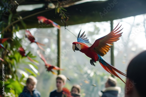 Fotótapéta parrots flying in a zoo aviary as visitors look on