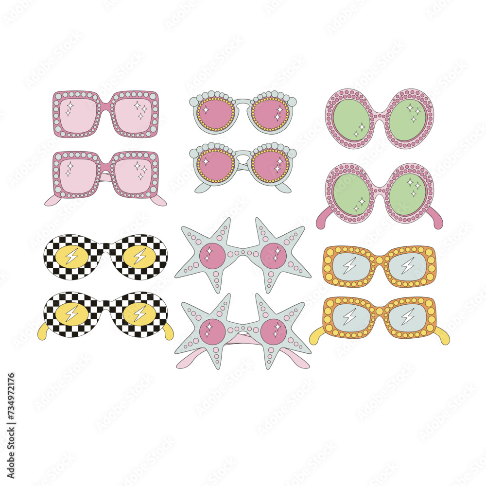 Groovy disco retro sunglasses vector illustration set isolated on white. 60s 70s 80s retro party fashion shades eyewear print collection. Groovy disco retro sunglasses vector illustration set isolated on white. 60s 70s 80s retro party fashion shades eyewear print collection.