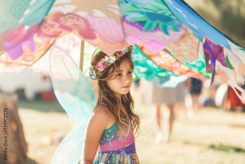 girl in a fairy costume standing under a large piata at a themed party photo