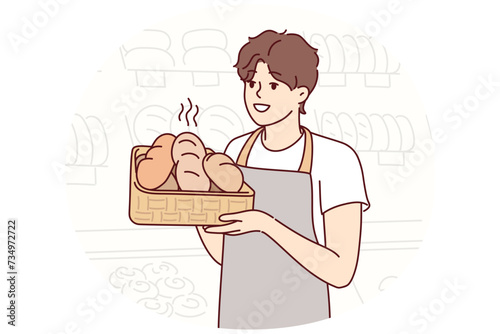 Man baker holds tray of hot bread prepared for customers of family store or large supermarket. Guy in apron works in bakery stands with freshly baked baguettes. Flat vector illustration