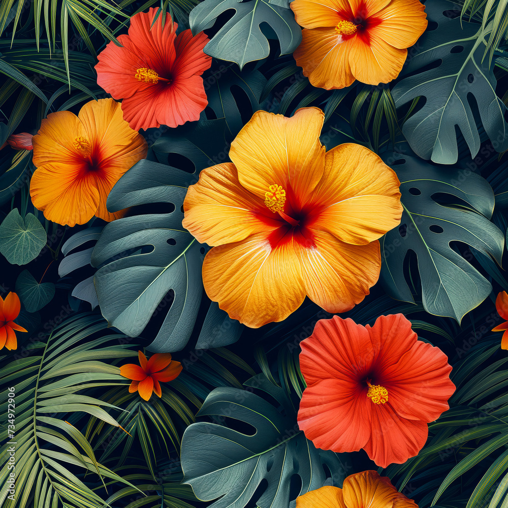 custom made wallpaper toronto digitalTropical rainforest leaves and flowers as background, ai generated