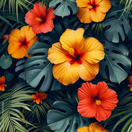 Tropical rainforest leaves and flowers as background  ai generated