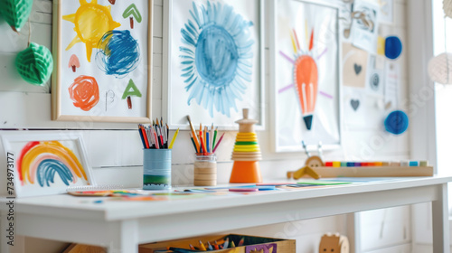 study room, create an art and craft space, kid art area with brush tools for painting and diy, also the artwork display wall