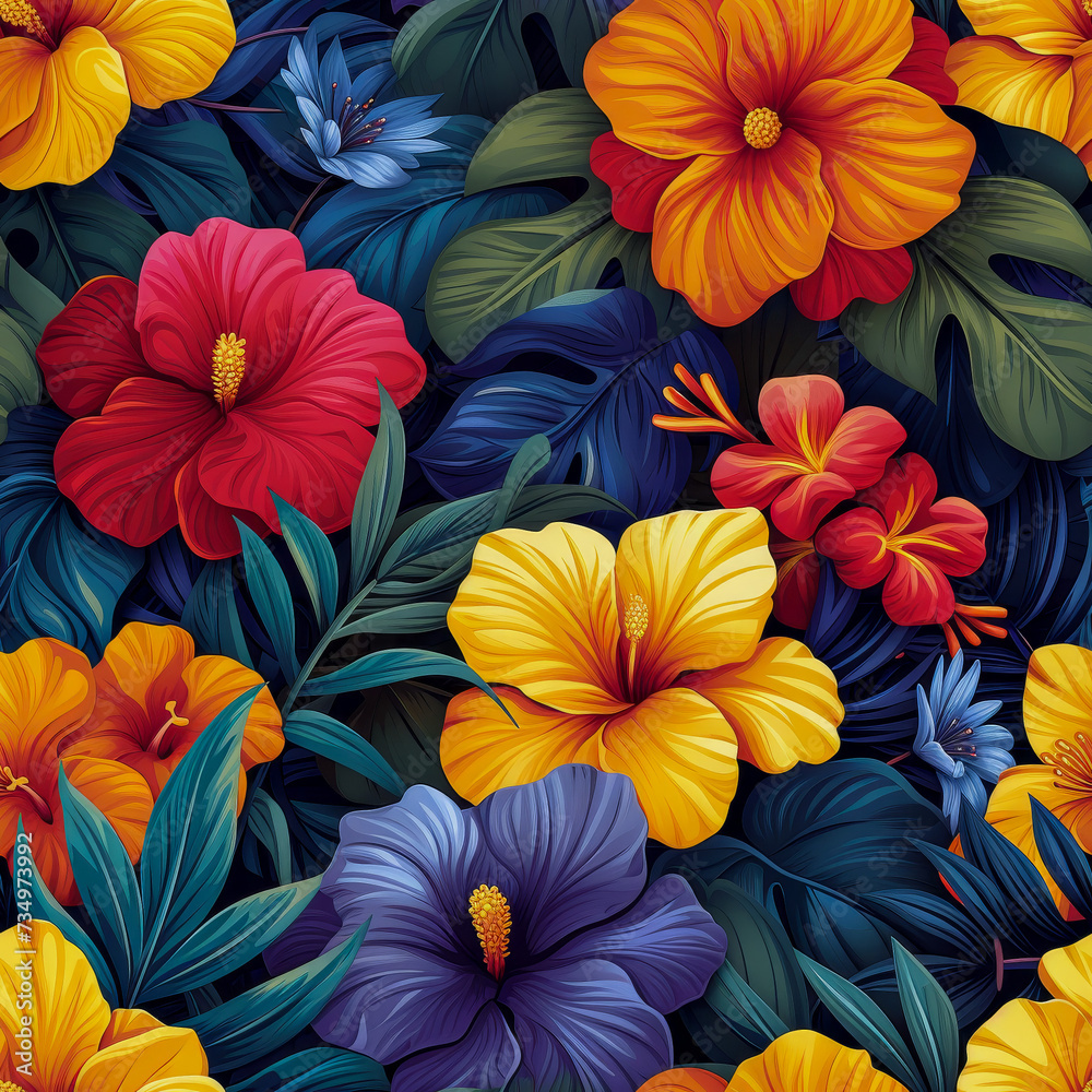 Tropical rainforest leaves and flowers as background, ai generated Tropical rainforest leaves and flowers as background, ai generated