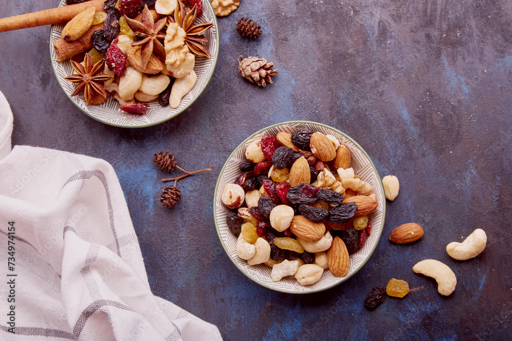 Aesthetic saucers with mixed nuts close up. Walnuts, almonds, hazelnuts and cashews, raisins and cranberries on rustic background. Healthy desserts and snacks. Aesthetic saucers with mixed nuts close up. Walnuts, almonds, hazelnuts and cashews, raisins and cranberries on rustic background. Healthy desserts and snacks.