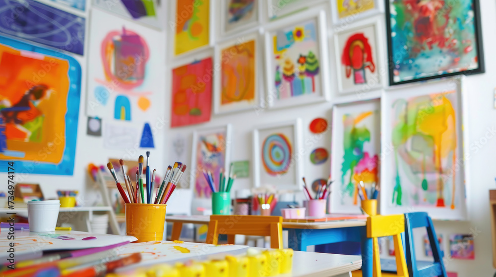 study room, create an art and craft space,  kid art area with brush tools for painting and diy, also the artwork display wall
