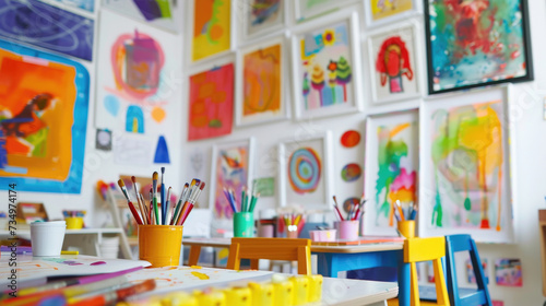 study room, create an art and craft space, kid art area with brush tools for painting and diy, also the artwork display wall